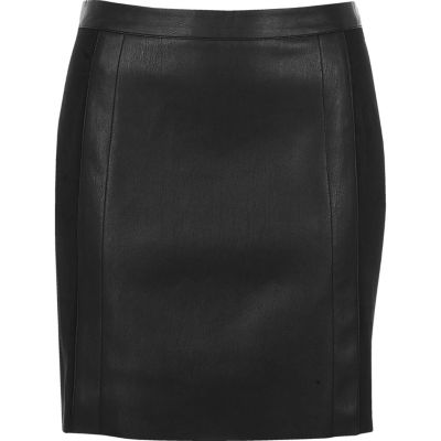 Black leather look suede panel mini skirt